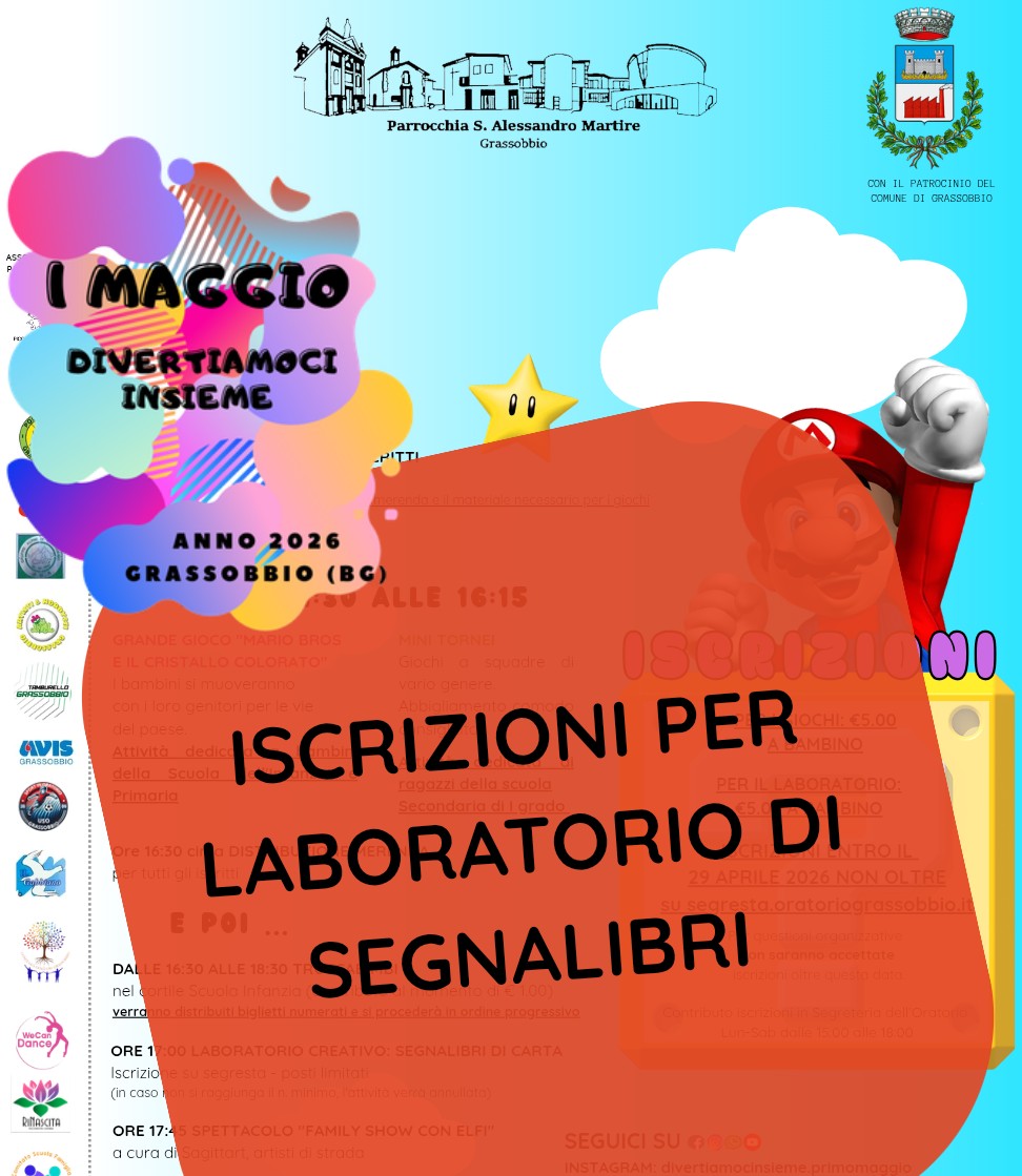 1° MAGGIO 2026 DIVERTIAMOCI INSIEME: iscrizione al laboratorio di segnalibri